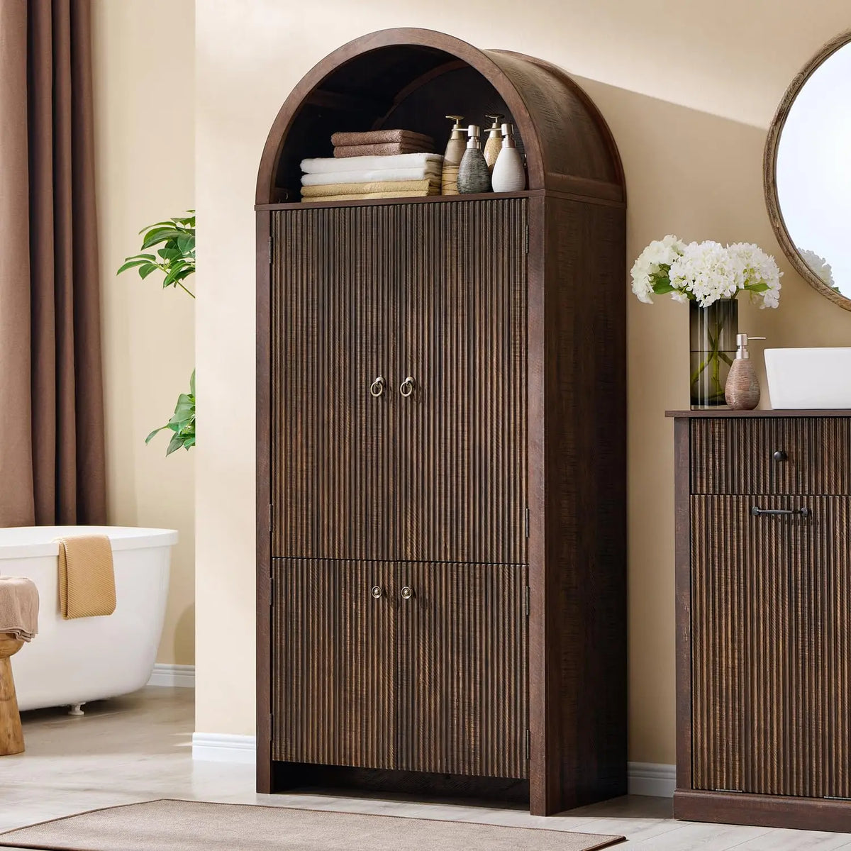 Solid Wood Fluted Free Standing Bathroom Storage Cabinet