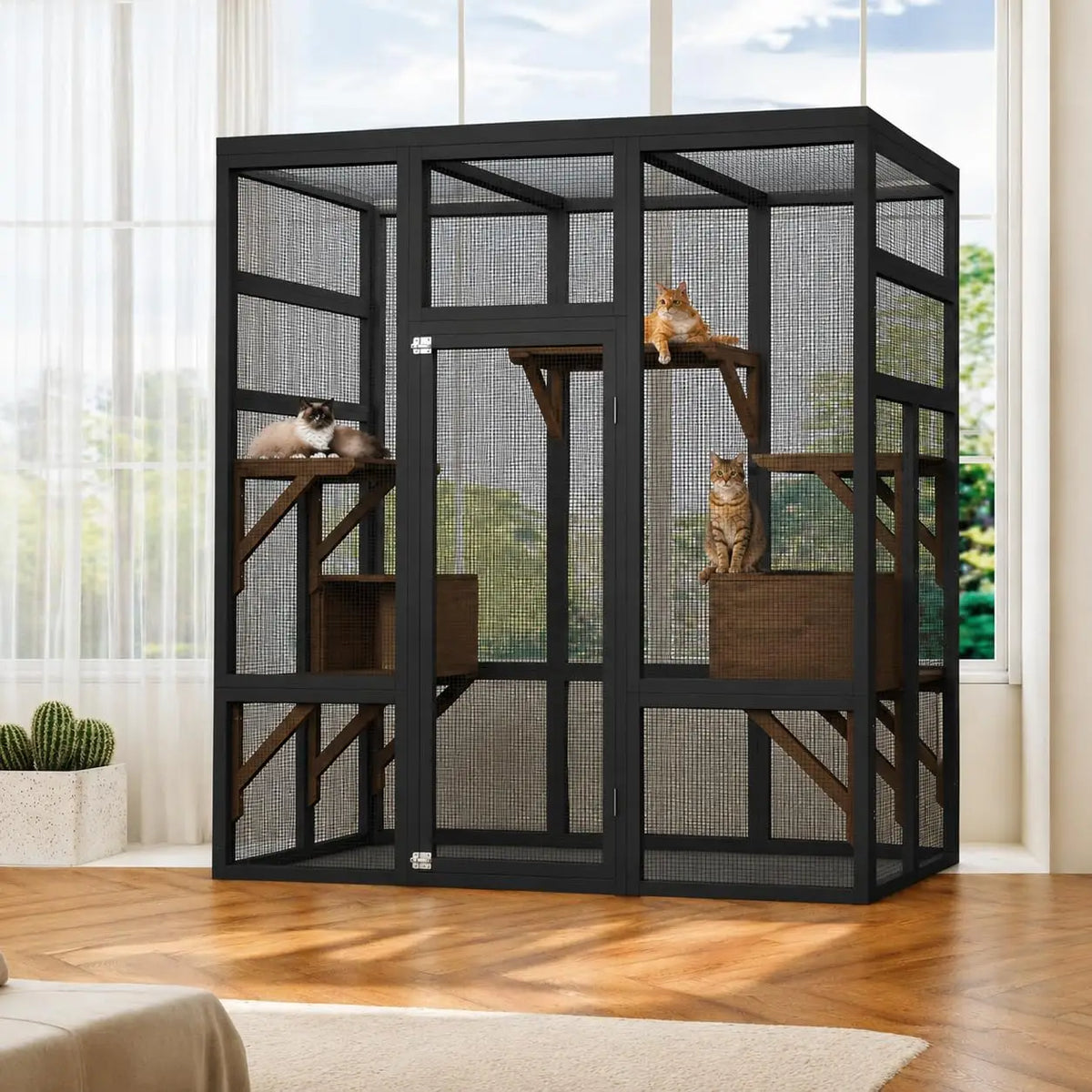 HiMISS Wooden Outdoor Catio Cat Enclosure With Multiple Platforms