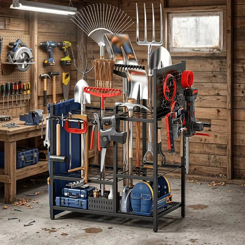 Sturdy Metal Garden Tool Organizer Rack With Storage Bags