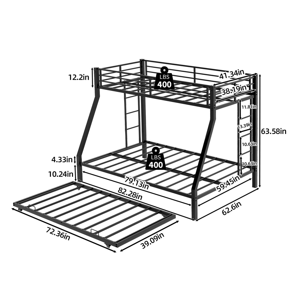 Heavy Duty Metal Triple Bunk Bed With Trundle And Guardrails