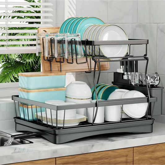 Metal Two Tier Kitchen Countertop Dish Drying And Draining Rack