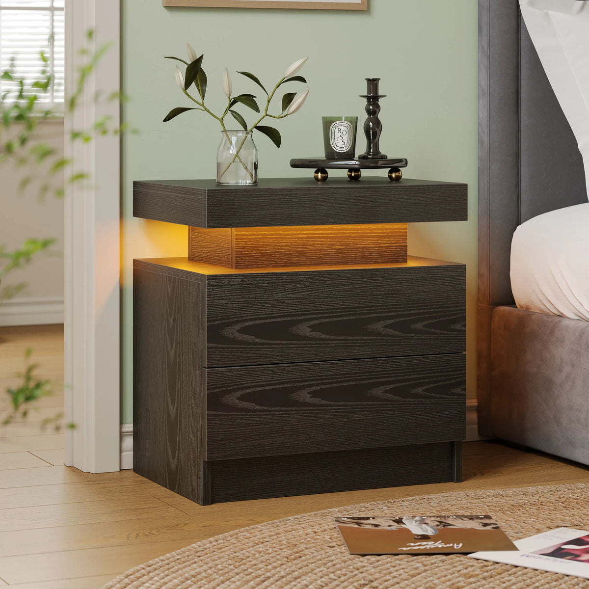 Cubehom Led Nightstand With Two Drawers Wooden Bedside Table