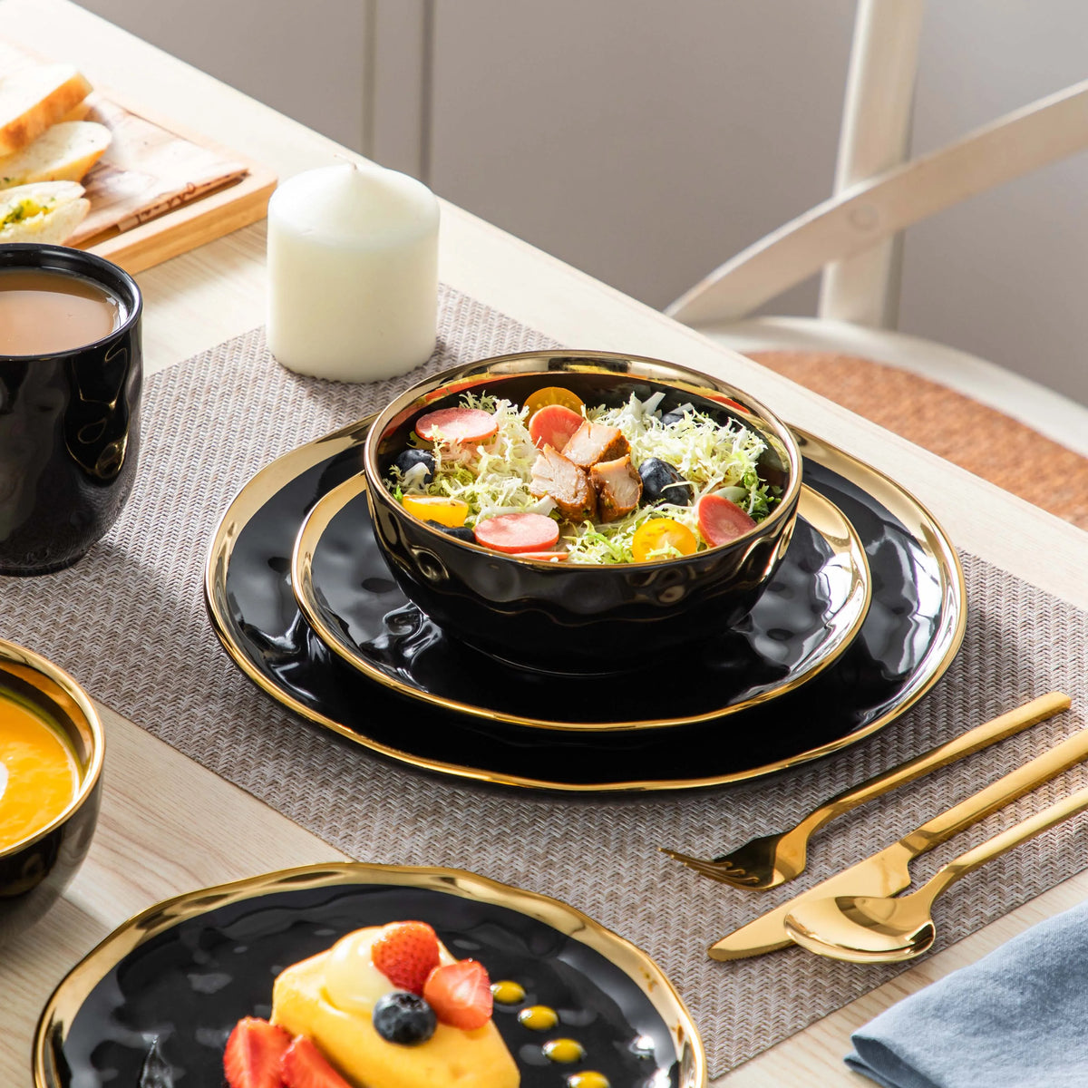 Malacasa Ceramic Dinnerware Set With Gold Trim Cups And Plates