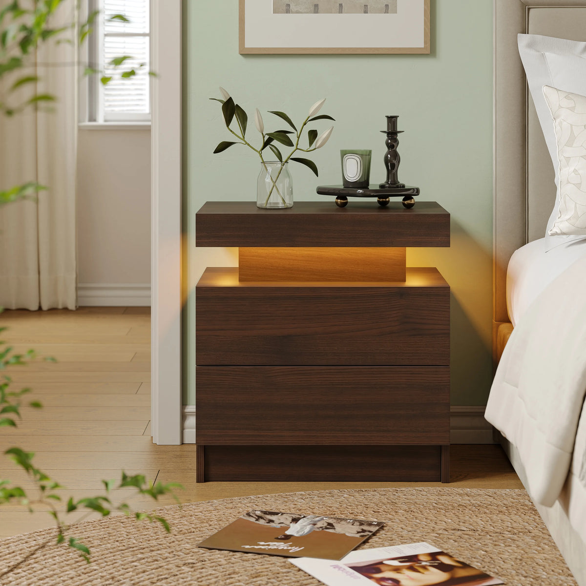Cubehom Led Nightstand With Two Drawers Wooden Bedside Table