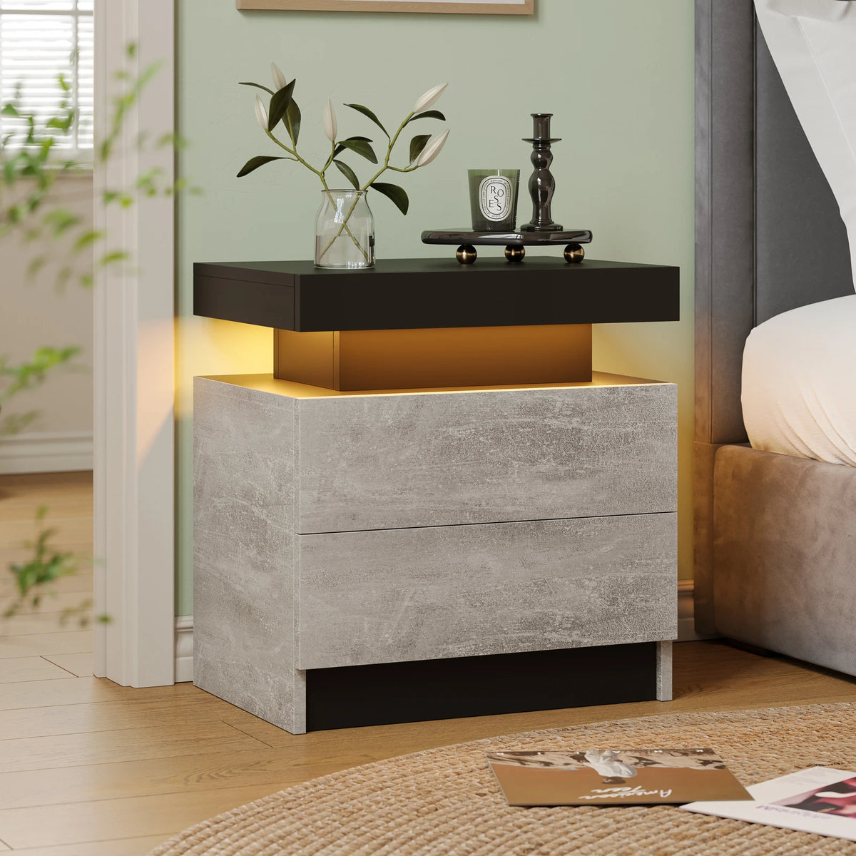 Cubehom Led Nightstand With Two Drawers Wooden Bedside Table