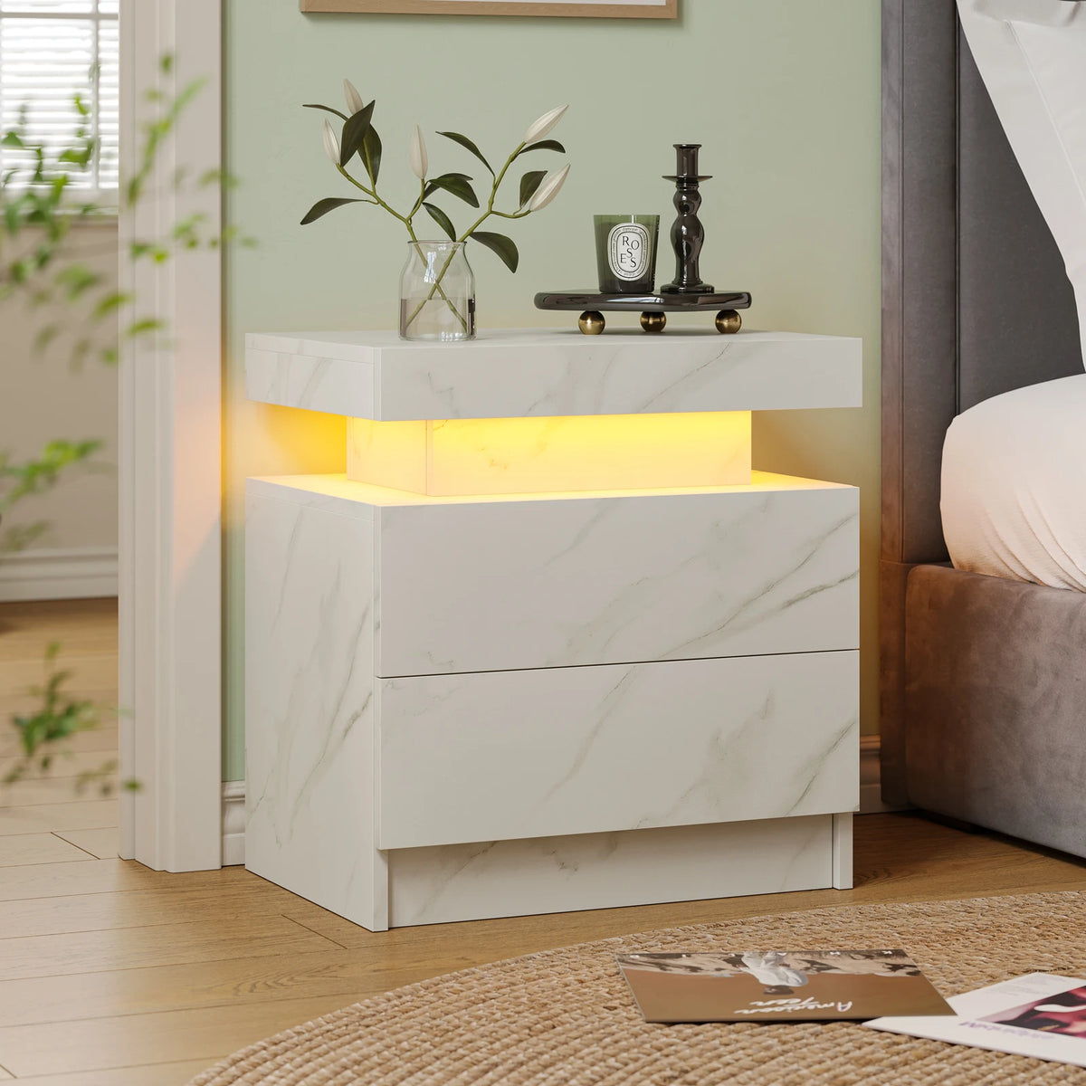Cubehom Led Nightstand With Two Drawers Wooden Bedside Table