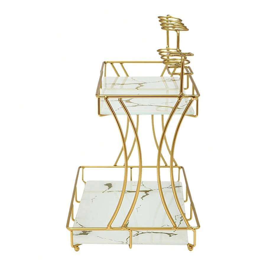 Dual Tier Metal Makeup Organizer Tray With Toothbrush Holder