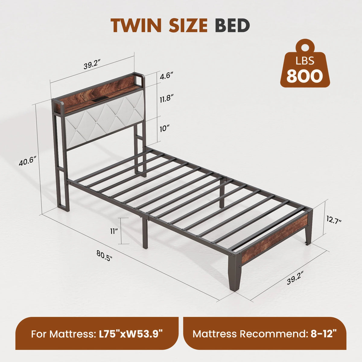 JHK Heavy Duty Metal Bed Frame With Headboard Charging Station