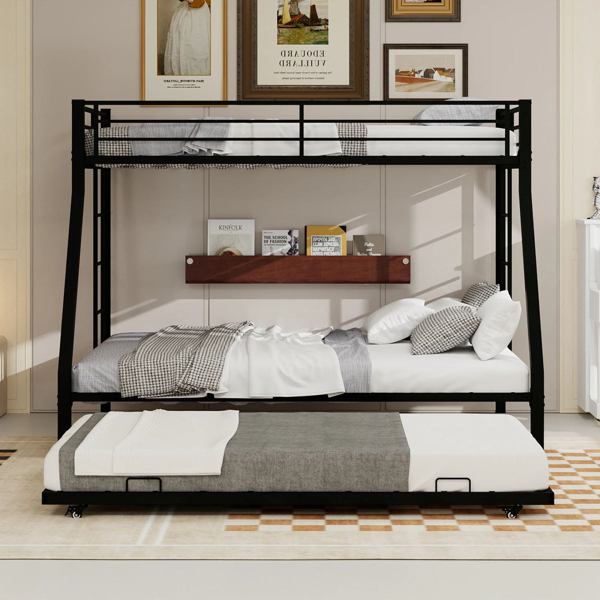 Heavy Duty Metal Triple Bunk Bed With Trundle And Guardrails