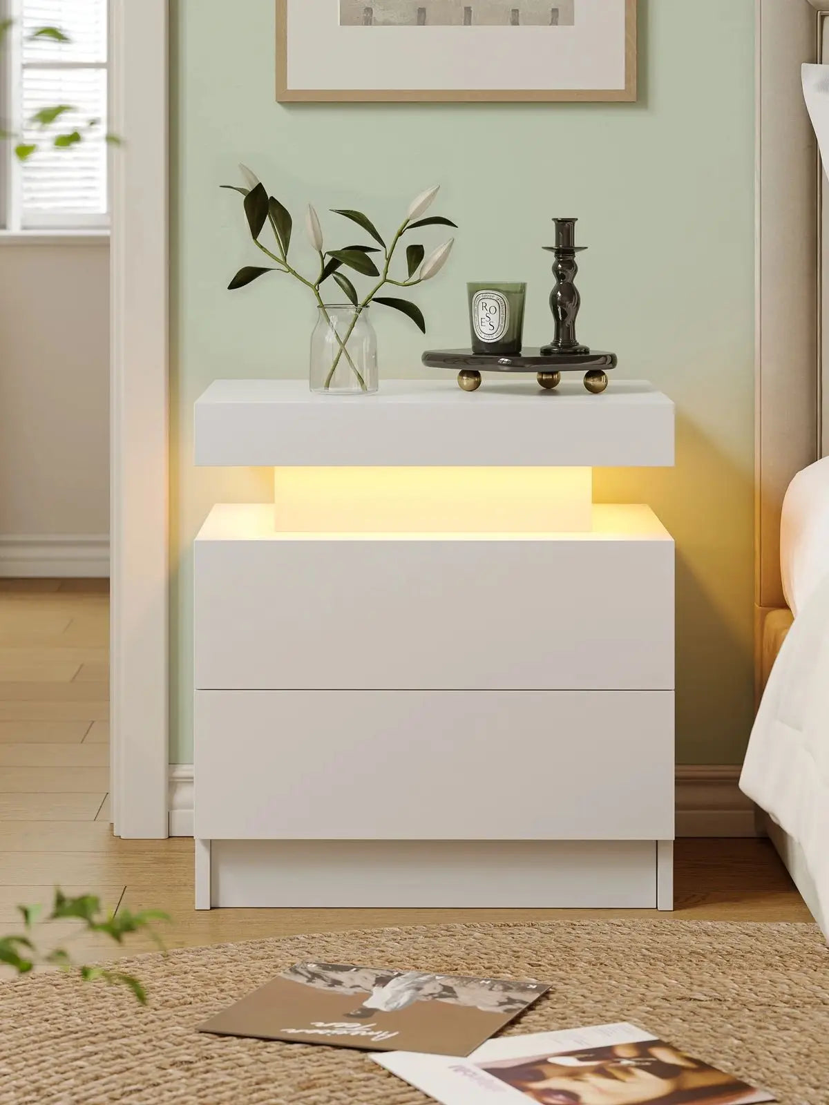 Cubehom Led Nightstand With Two Drawers Wooden Bedside Table