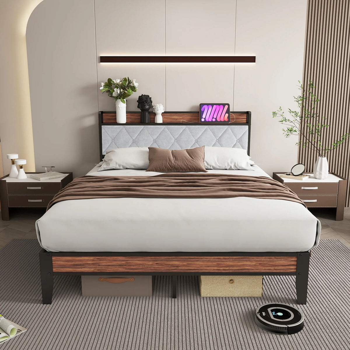 JHK Heavy Duty Metal Bed Frame With Headboard Charging Station