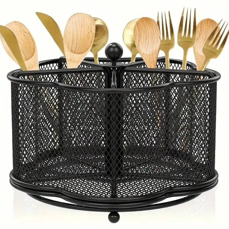Modern Rotating Stainless Steel Utensil Holder With Five Compartments