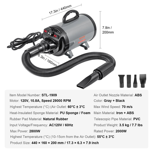 SucceBuy Adjustable Dog Dryer With Temperature Control And Hose Nozzles