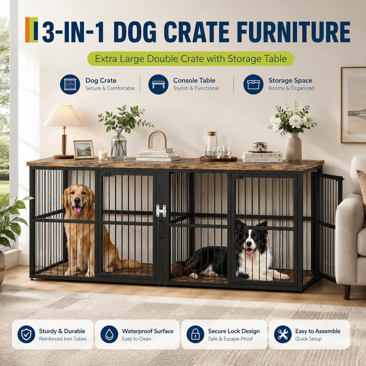 Heavy Duty Wooden Double Dog Crate With Storage Table