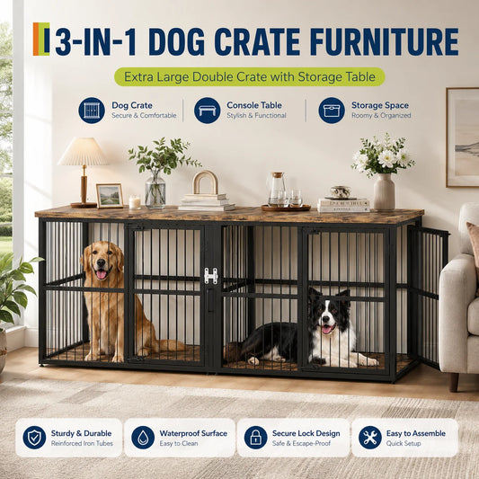 Heavy Duty Wooden Double Dog Crate With Storage Table