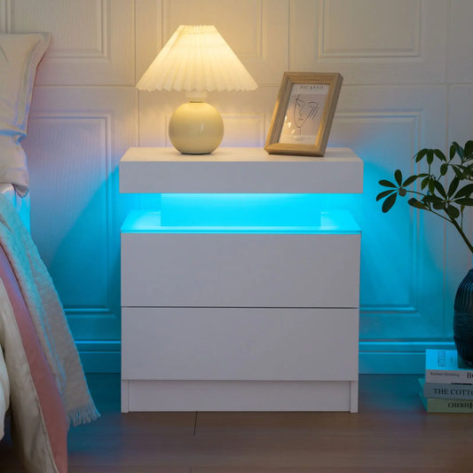 Cubehom Led Nightstand With Two Drawers Wooden Bedside Table