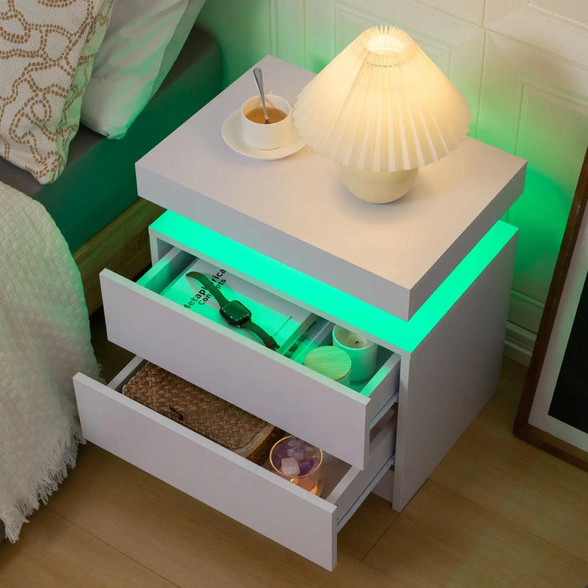 Cubehom Led Nightstand With Two Drawers Wooden Bedside Table