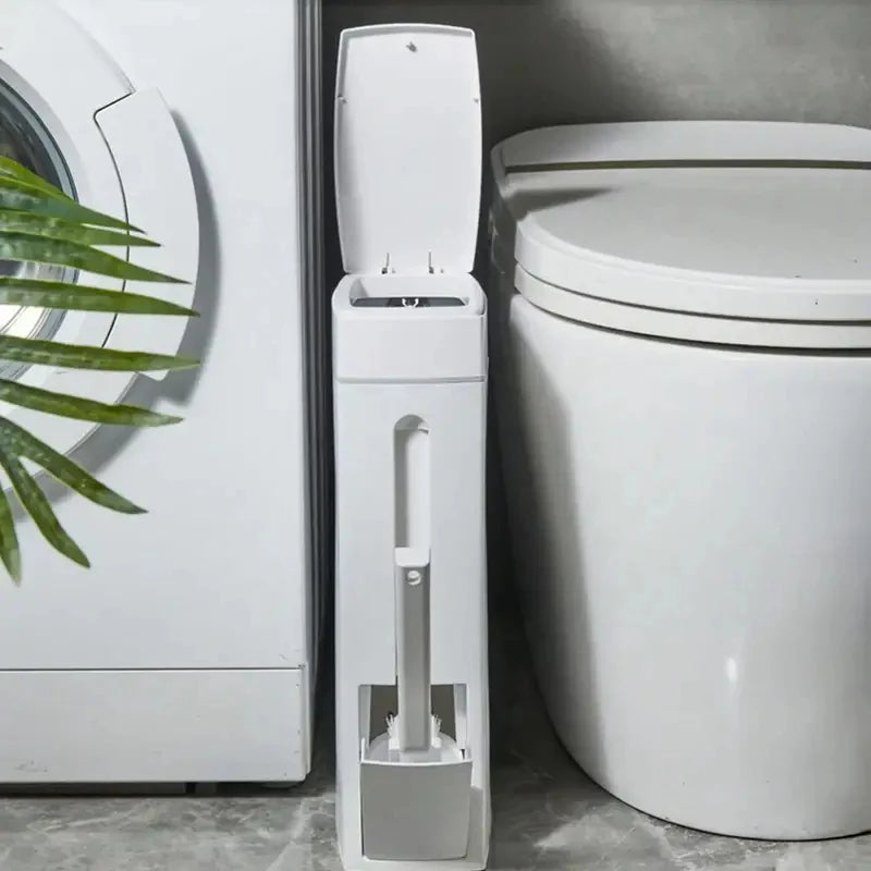 Plastic Bathroom Trash Can With Integrated Toilet Brush Combo