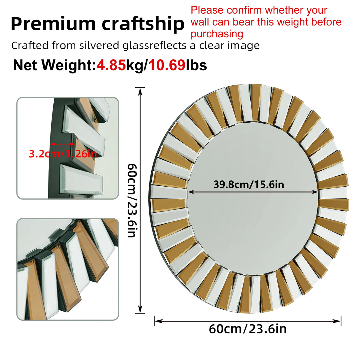 Round Starburst Glass Wall Mirror Decorative Accent Home Decor