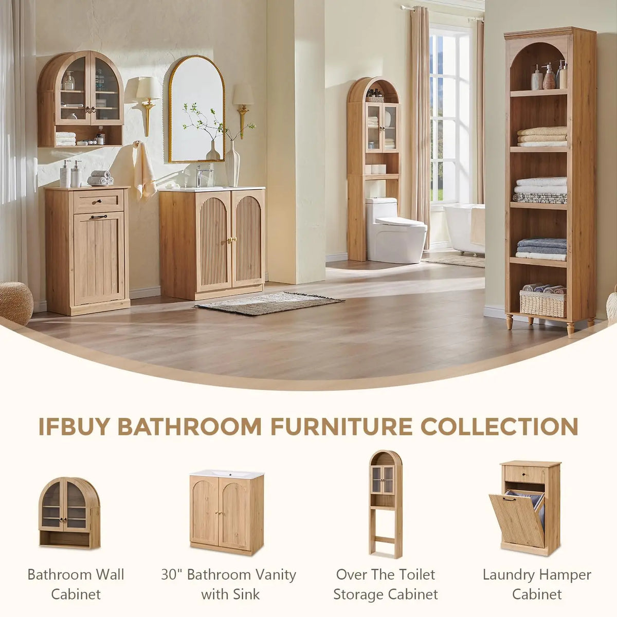 Modern Fluted Bathroom Vanity With Ceramic Basin And Mirror