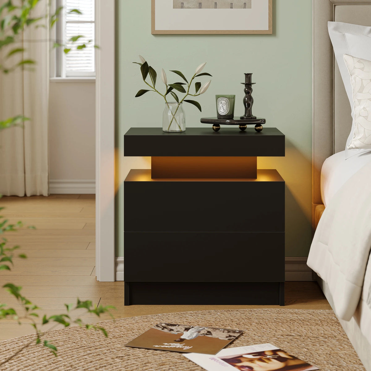 Cubehom Led Nightstand With Two Drawers Wooden Bedside Table