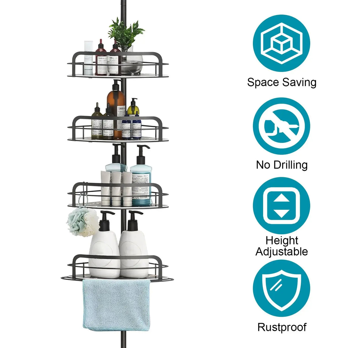 Adjustable Corner Shower Caddy Tension Pole Rust Resistant Shelves
