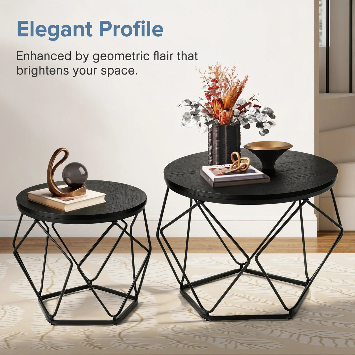 JHK Round Geometric Coffee Table Set With Metal Frame