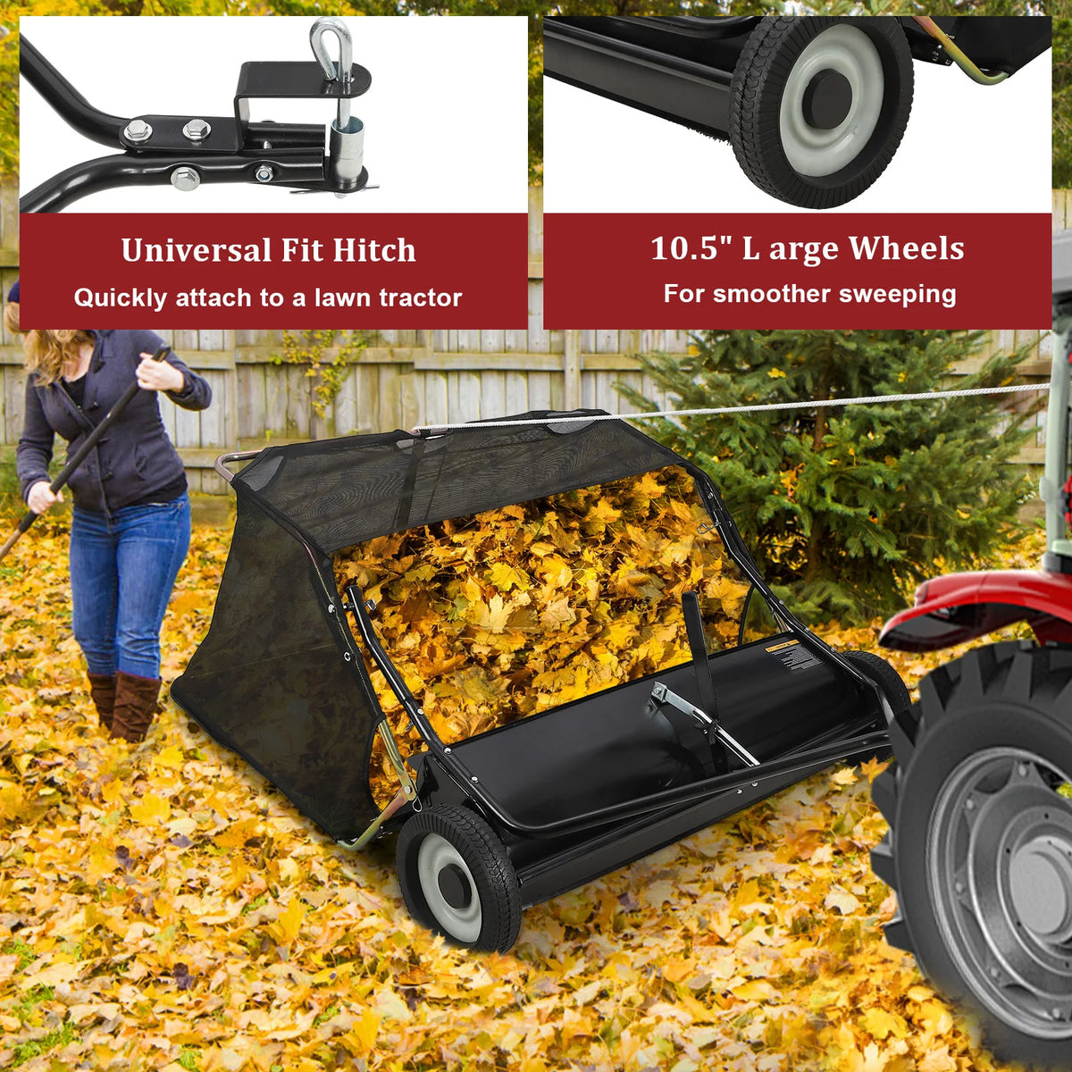 HiMISS Heavy Duty Tow Behind Lawn Sweeper Leaf Grass Collector