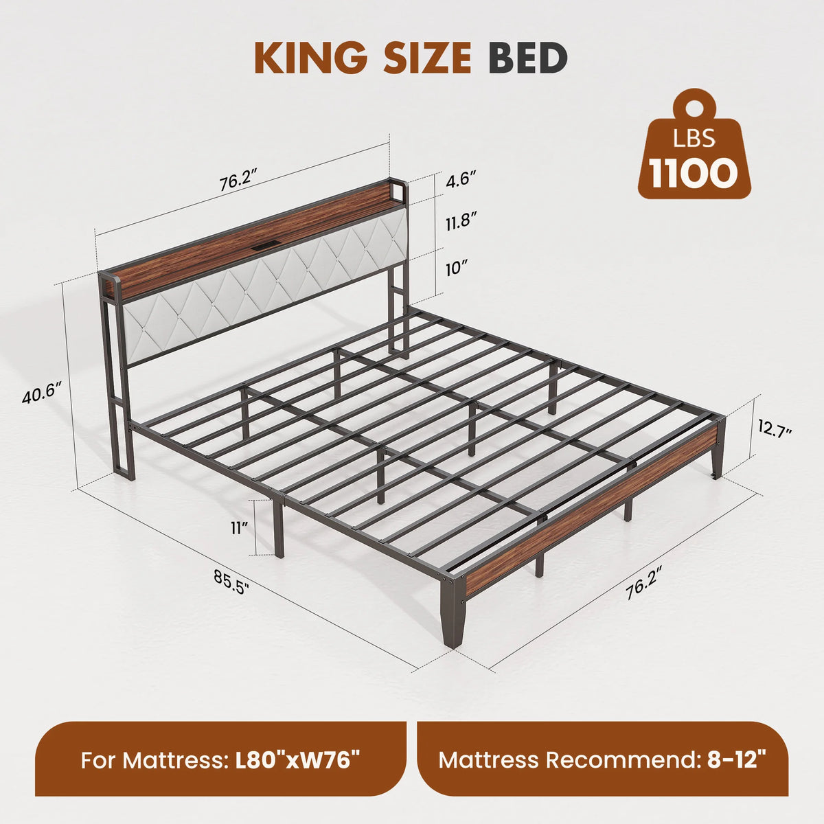 JHK Heavy Duty Metal Bed Frame With Headboard Charging Station