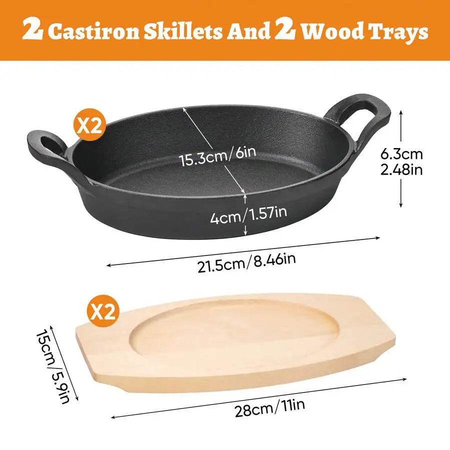 Cast Iron Cookware Set With Nonstick Griddle And Wooden Trays