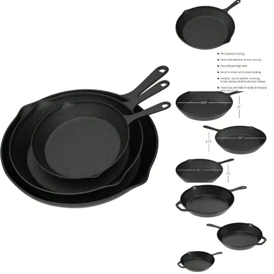 Pre Seasoned Cast Iron Skillet Set Durable Kitchen Cookware