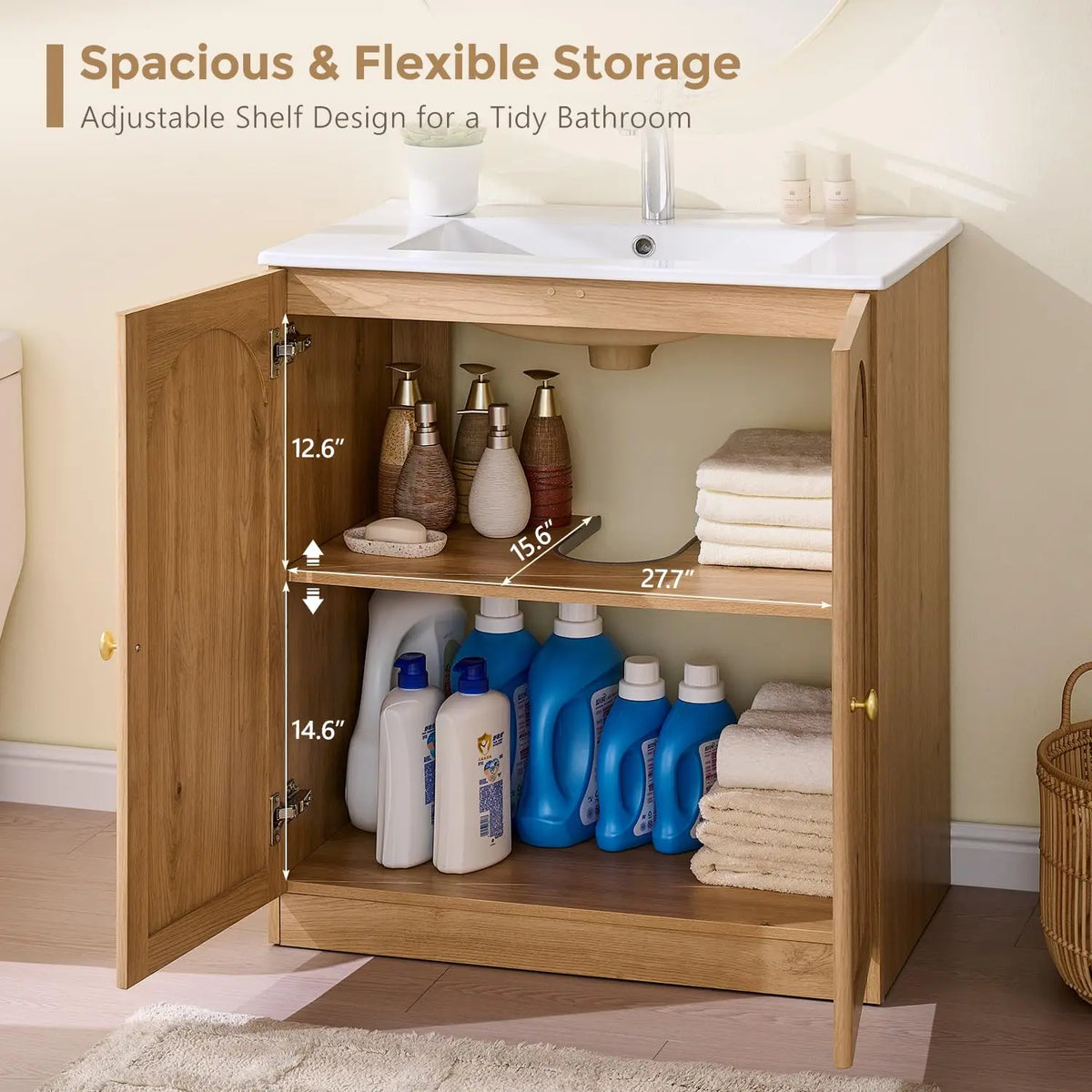 Modern Fluted Bathroom Vanity With Ceramic Basin And Mirror