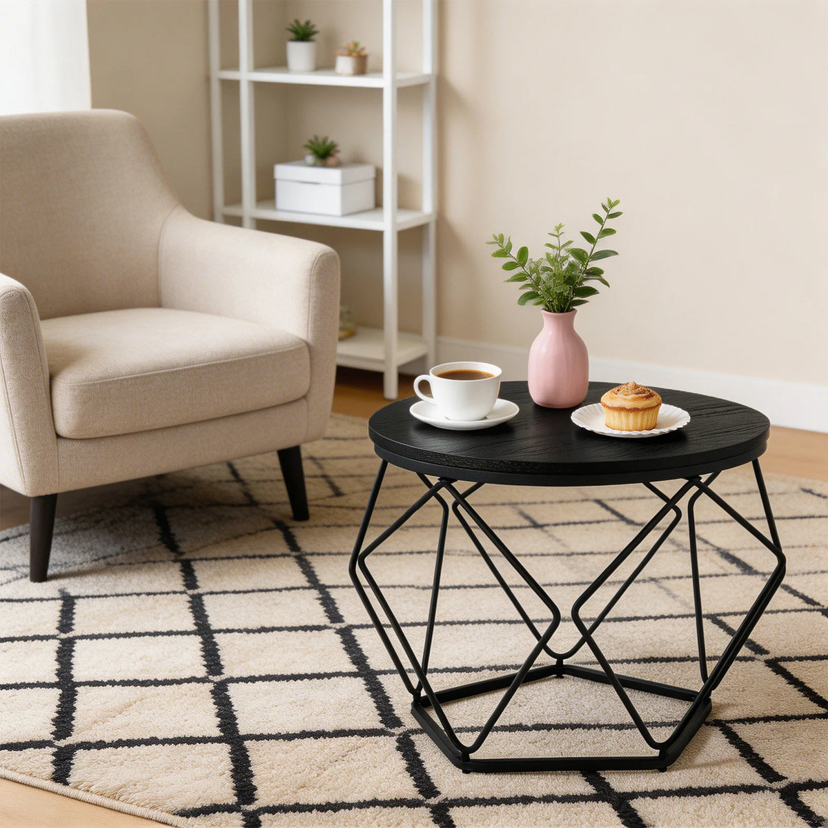 JHK Round Geometric Coffee Table Set With Metal Frame
