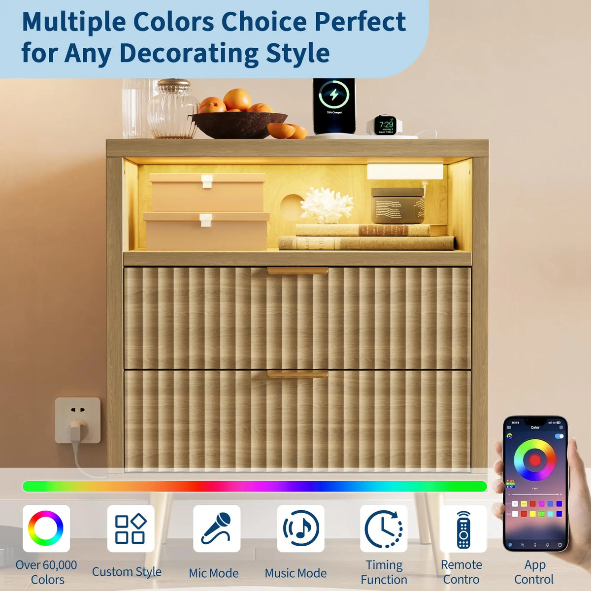HiMISS Nightstand With Charging Station And RGB LED Lights