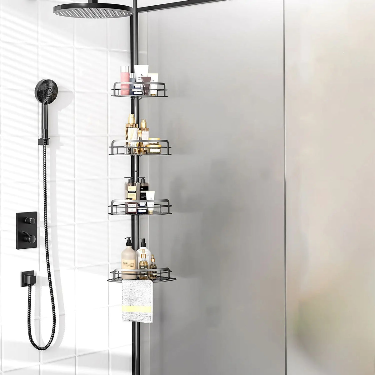 Adjustable Corner Shower Caddy Tension Pole Rust Resistant Shelves