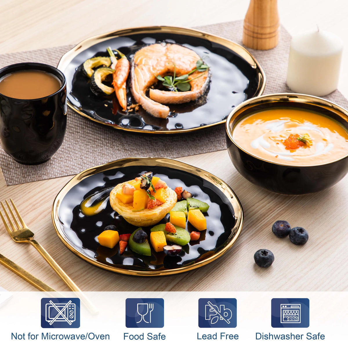 Malacasa Ceramic Dinnerware Set With Gold Trim Cups And Plates