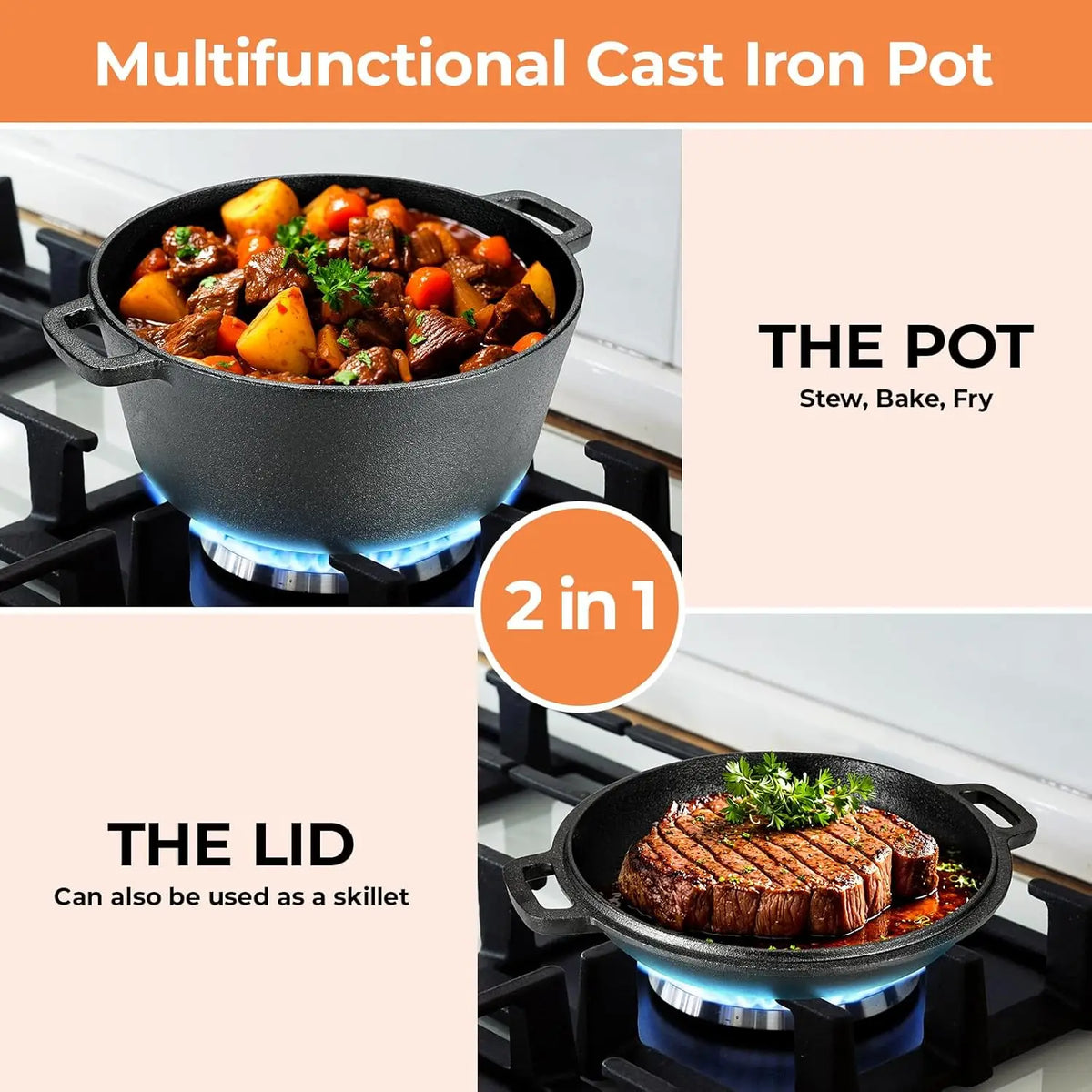 Heavy Cast Iron Dutch Oven Pot For Cooking With Lid