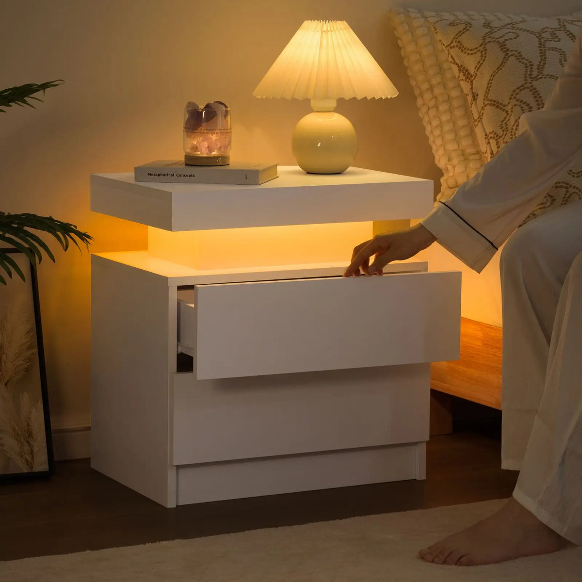 Cubehom Led Nightstand With Two Drawers Wooden Bedside Table
