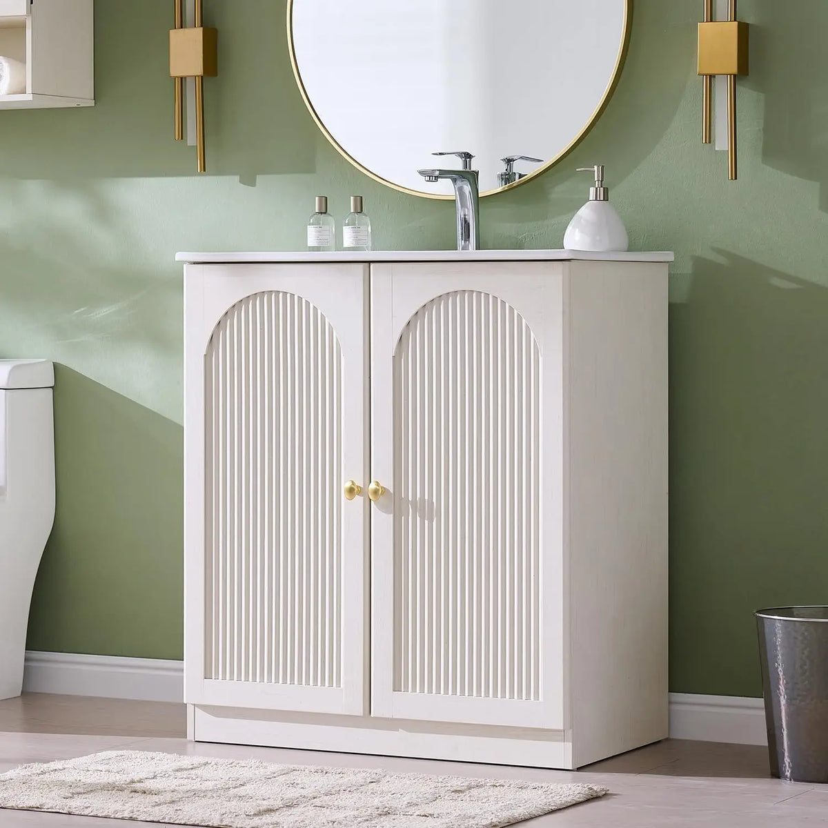 Modern Fluted Bathroom Vanity With Ceramic Basin And Mirror