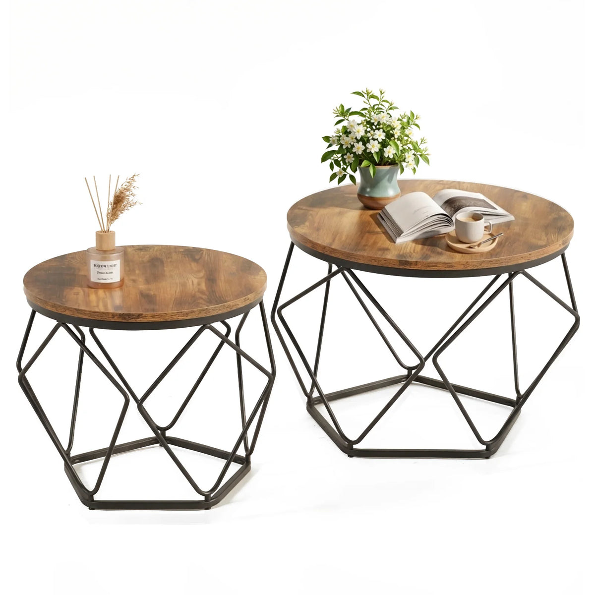 JHK Round Geometric Coffee Table Set With Metal Frame