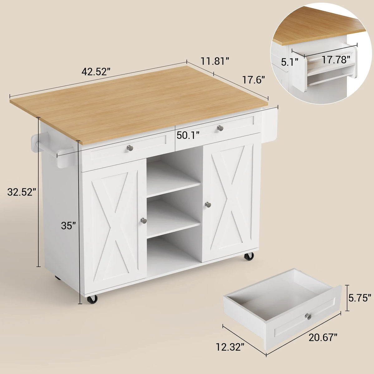 Huisenitre Rolling Kitchen Island With Storage And Wheels
