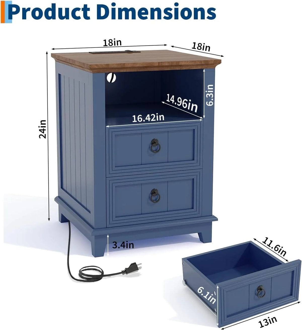 Modern Fluted Wood Nightstand With USB Charging Station