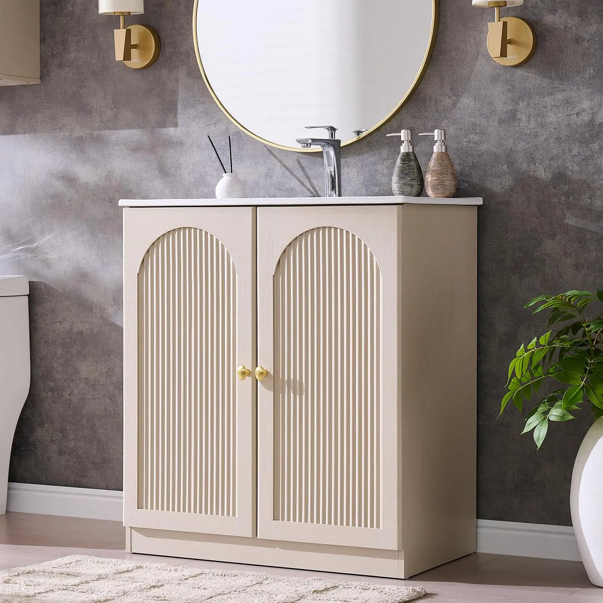 Modern Fluted Bathroom Vanity With Ceramic Basin And Mirror