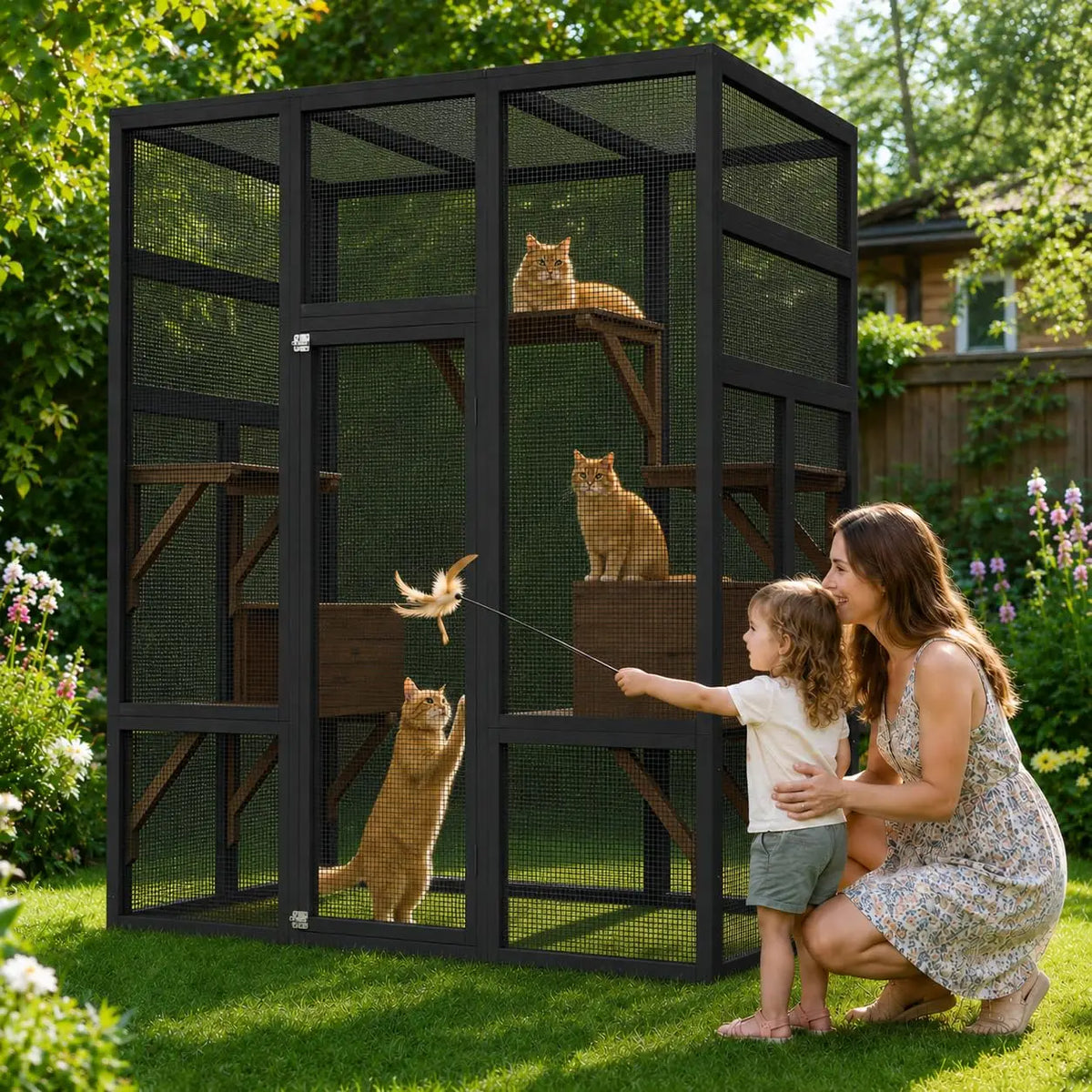 HiMISS Wooden Outdoor Catio Cat Enclosure With Multiple Platforms