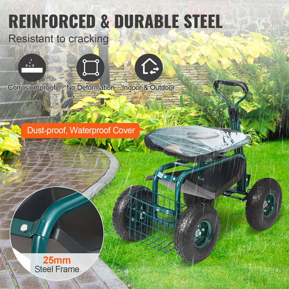 SucceBuy Garden Cart With Rolling Wheels And Swivel Seat