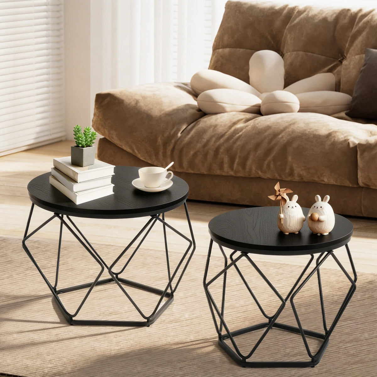JHK Round Geometric Coffee Table Set With Metal Frame