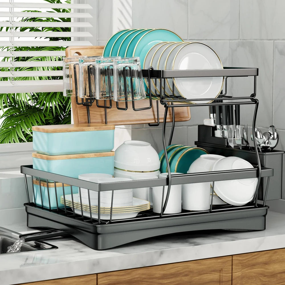 Metal Two Tier Kitchen Countertop Dish Drying And Draining Rack