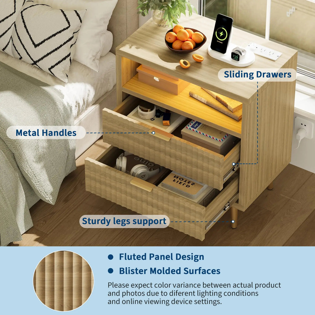 HiMISS Nightstand With Charging Station And RGB LED Lights