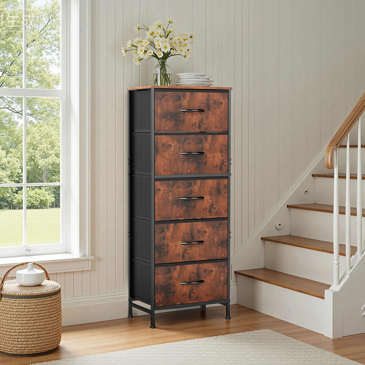 JHK Modern Steel Frame Wardrobe Dresser 5 Fabric Drawers