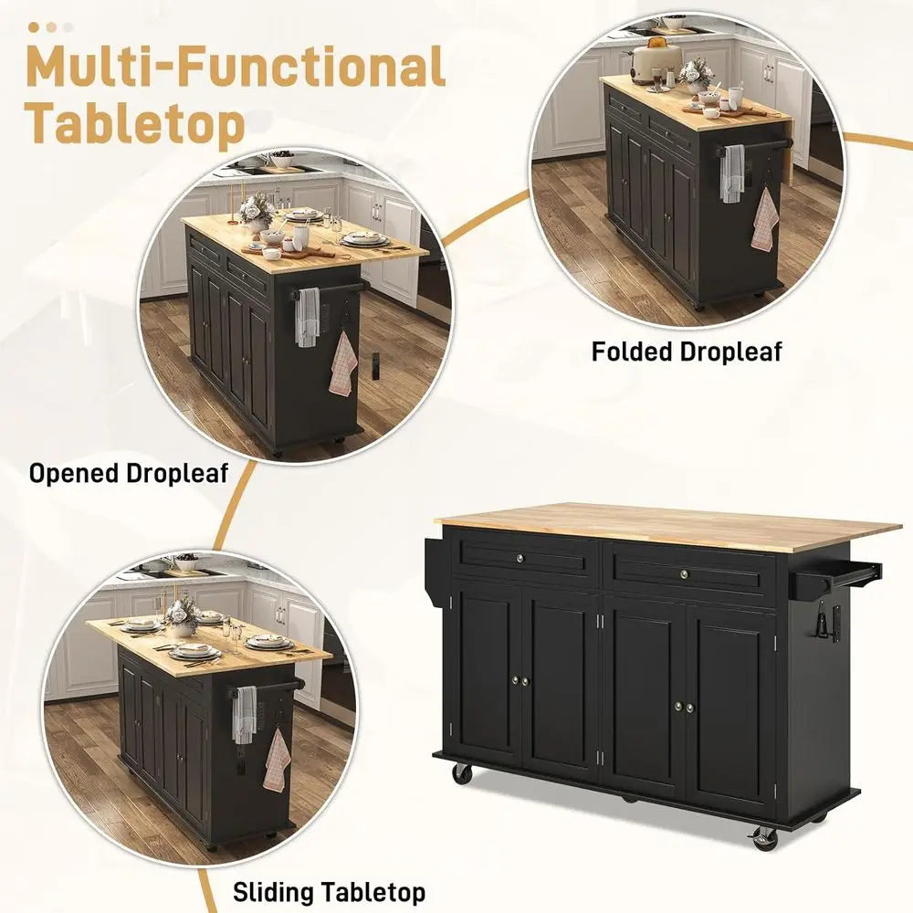 Movable Kitchen Island Cart With Drop Leaf Power Outlet
